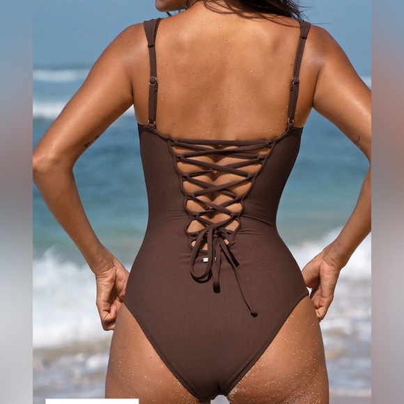 Berlook Coffee Cross Back Tummy Control One Piece Swimsuit - Picture 2 of 13